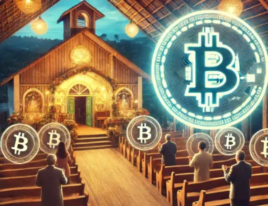 Imagem ilustrativa de uma igreja evangélica no Brasil adotando criptomoedas como forma de doação, representando a inovação financeira no meio religioso.