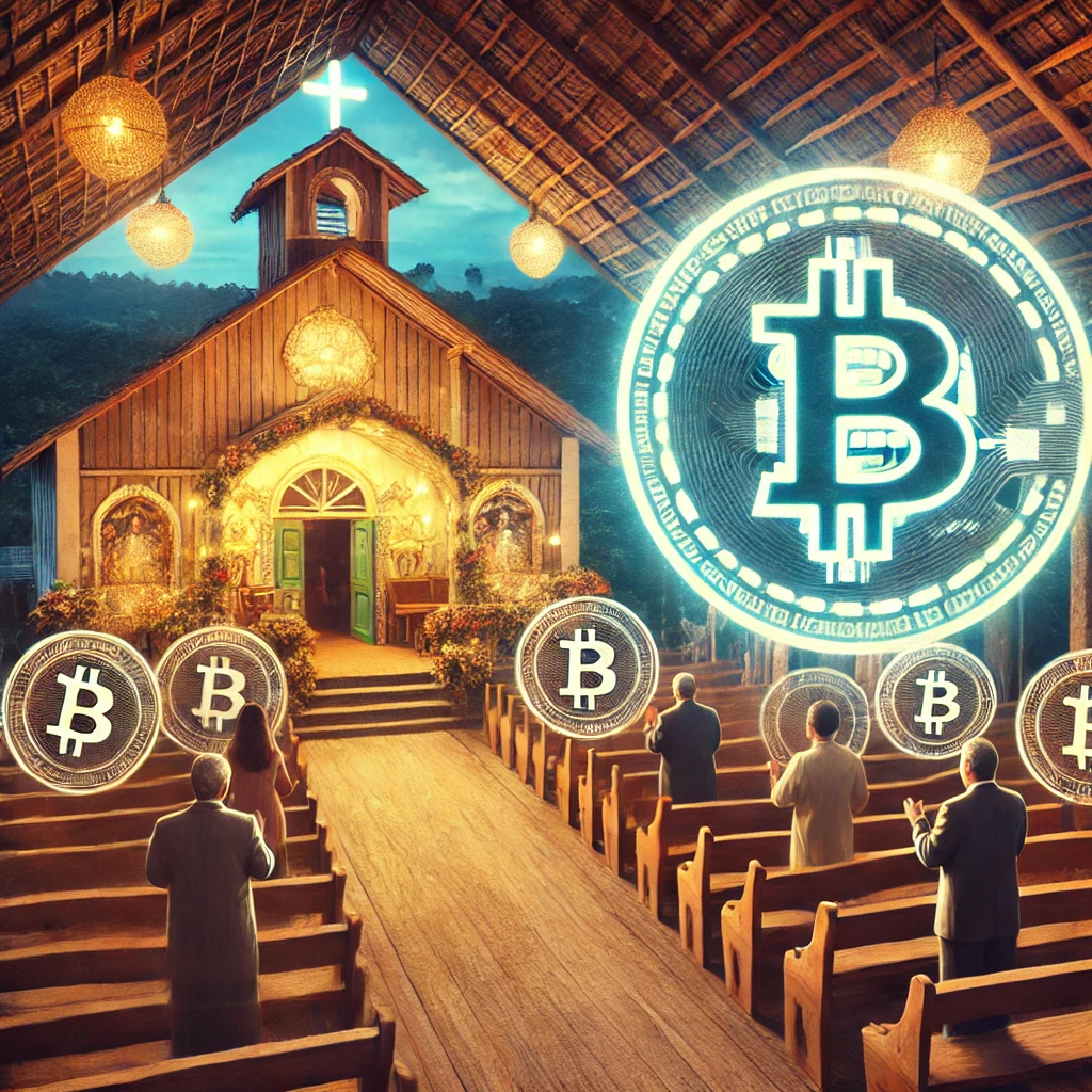 Imagem ilustrativa de uma igreja evangélica no Brasil adotando criptomoedas como forma de doação, representando a inovação financeira no meio religioso.