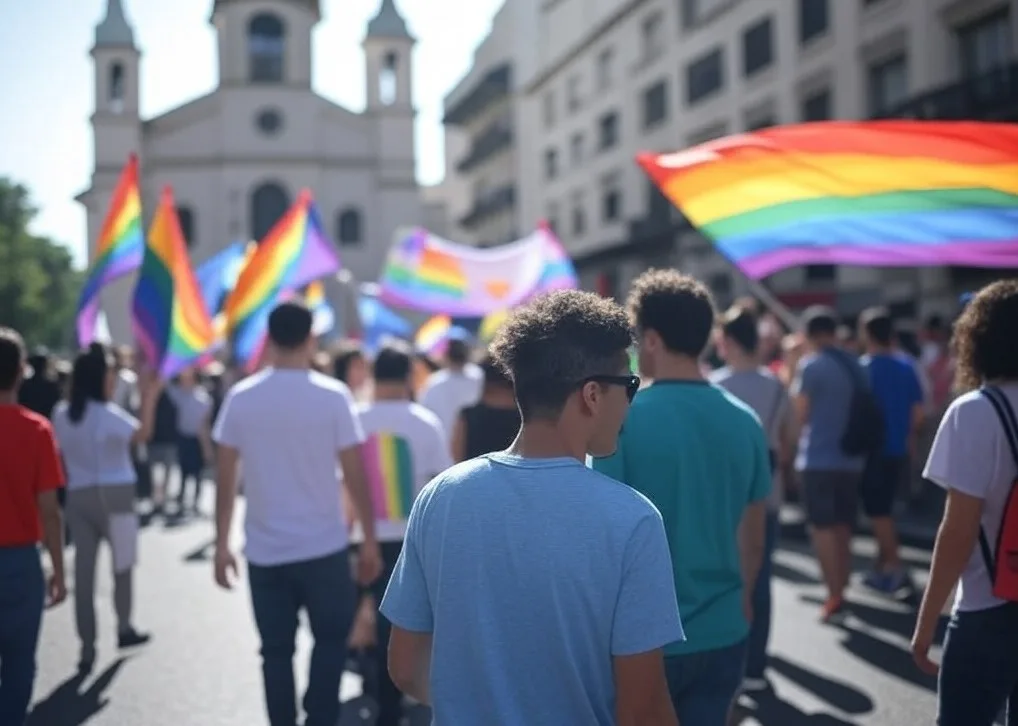 magem da parada do orgulho LGBT em frente a uma igreja evangélica na Argentina