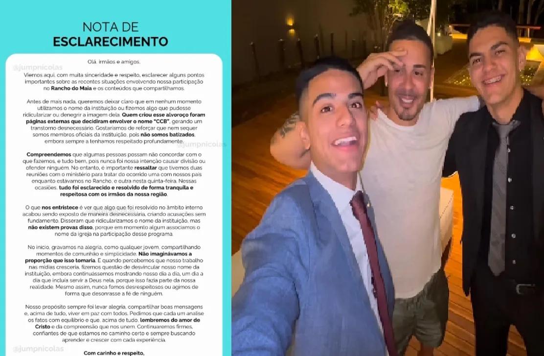 Nota de esclarecimento de Nicolas Valesi e foto com Carlinhos Maia, Nicolas Valesi e Pedro Vicente durante o reality show - Foto: Reprodução/Instagram"