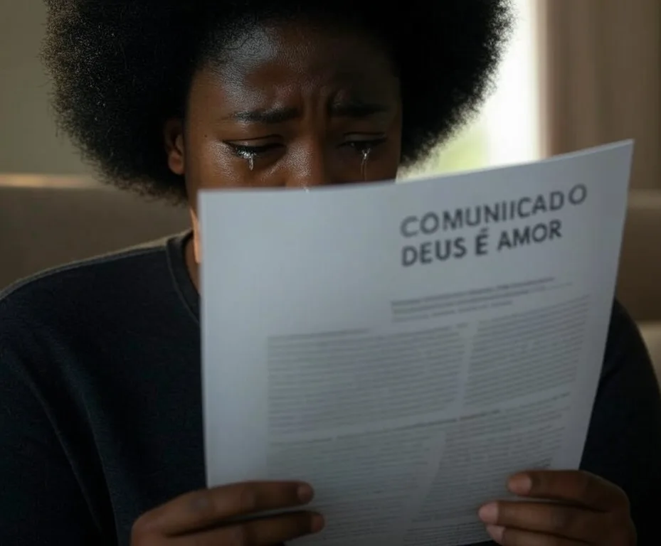 Imagem de uma pessoa negra com cabelo afro lendo um comunicado intitulado 'COMUNICADO DEUS É AMOR'. A expressão da pessoa é de tristeza, com lágrimas escorrendo pelo rosto, enquanto segura uma folha de papel - Foto/ Reprodução